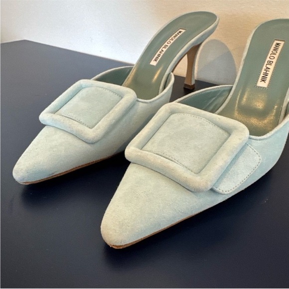 Manolo Blahnik Maysale Mule Buckle Light Blue Suede - Picture 6 of 8